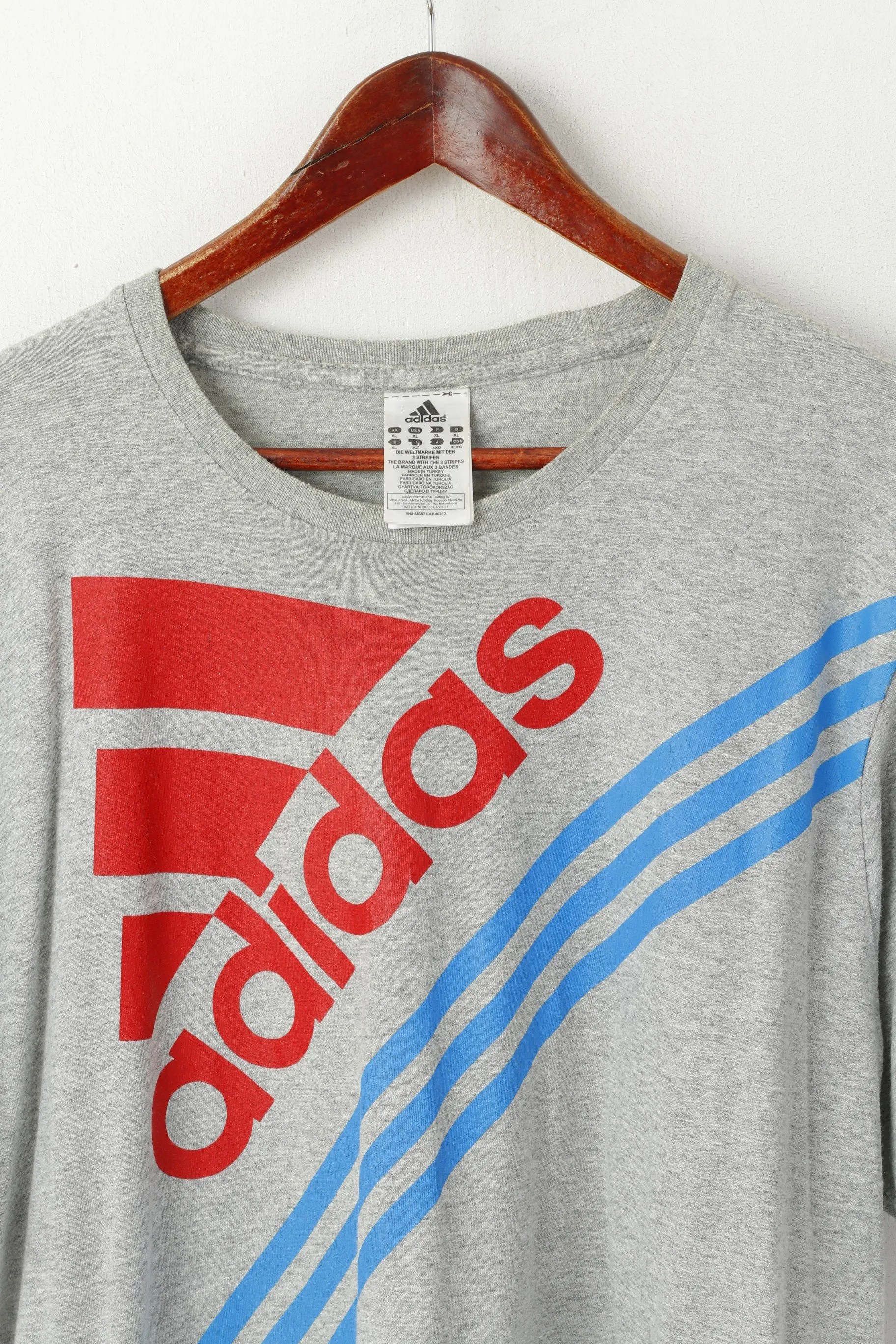 Adidas Men XL T- Shirt Gray Cotton Graphic Vintage Sportswear Training Top