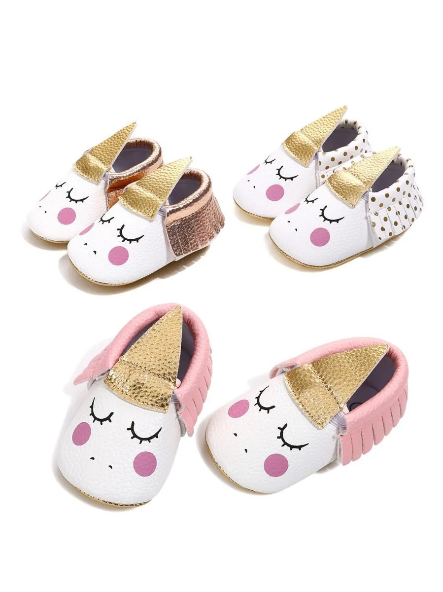 Baby Pre-Walking Shoes Unicorn Pattern Tassel Trimmed Slip-on Crib Shoes