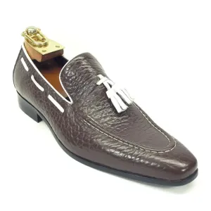 Carrucci Brown & White Apron Toe Slip-on Tassel Loafer Grain Leather Dress Shoes