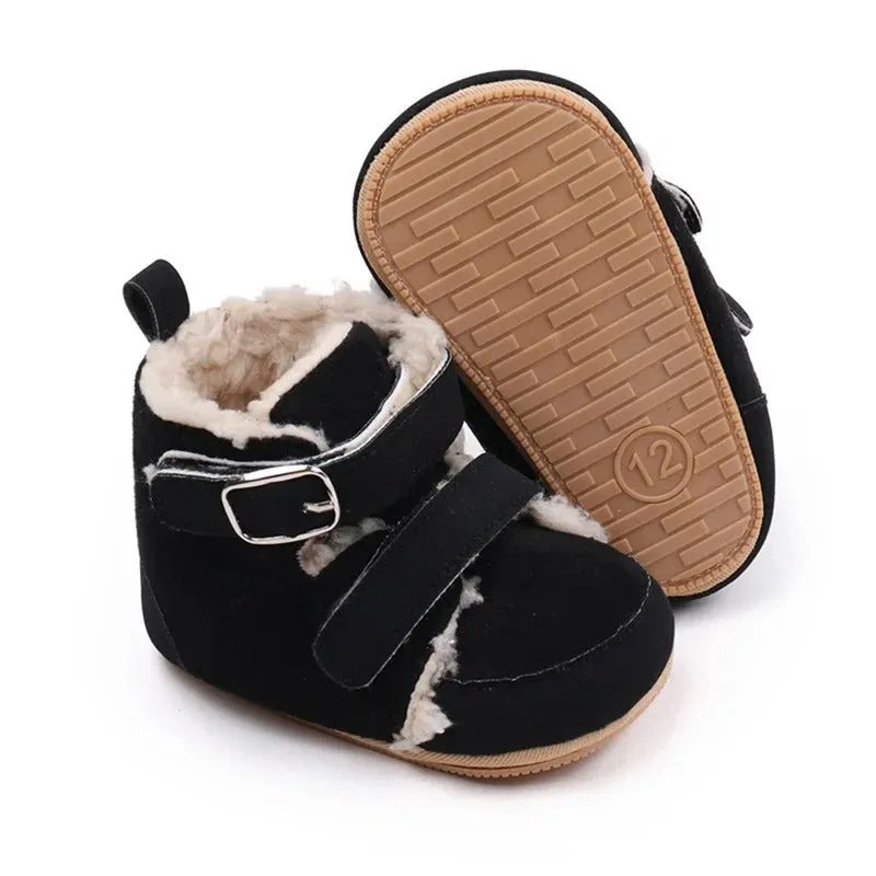 Double Strap Faux Leather Baby Booties - Black