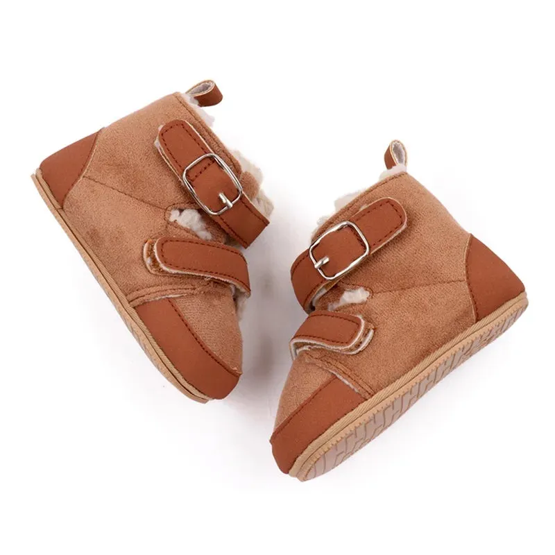 Double Strap Faux Leather Baby Booties - Brown