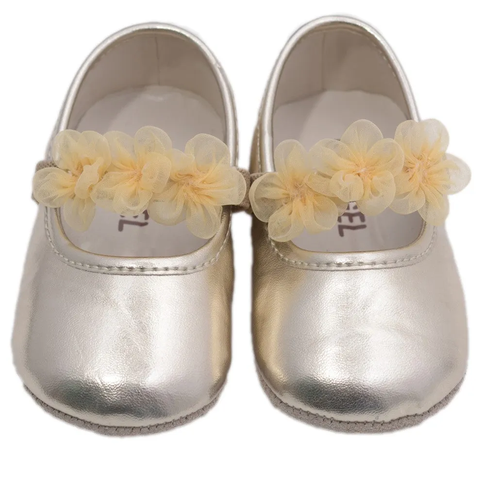 Girls Gold Organza Flower Elastic Strap Crib Shoes 0-5 Baby