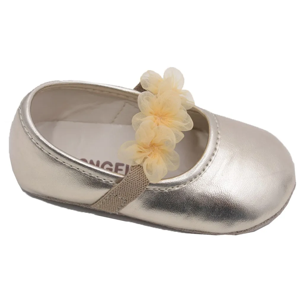 Girls Gold Organza Flower Elastic Strap Crib Shoes 0-5 Baby