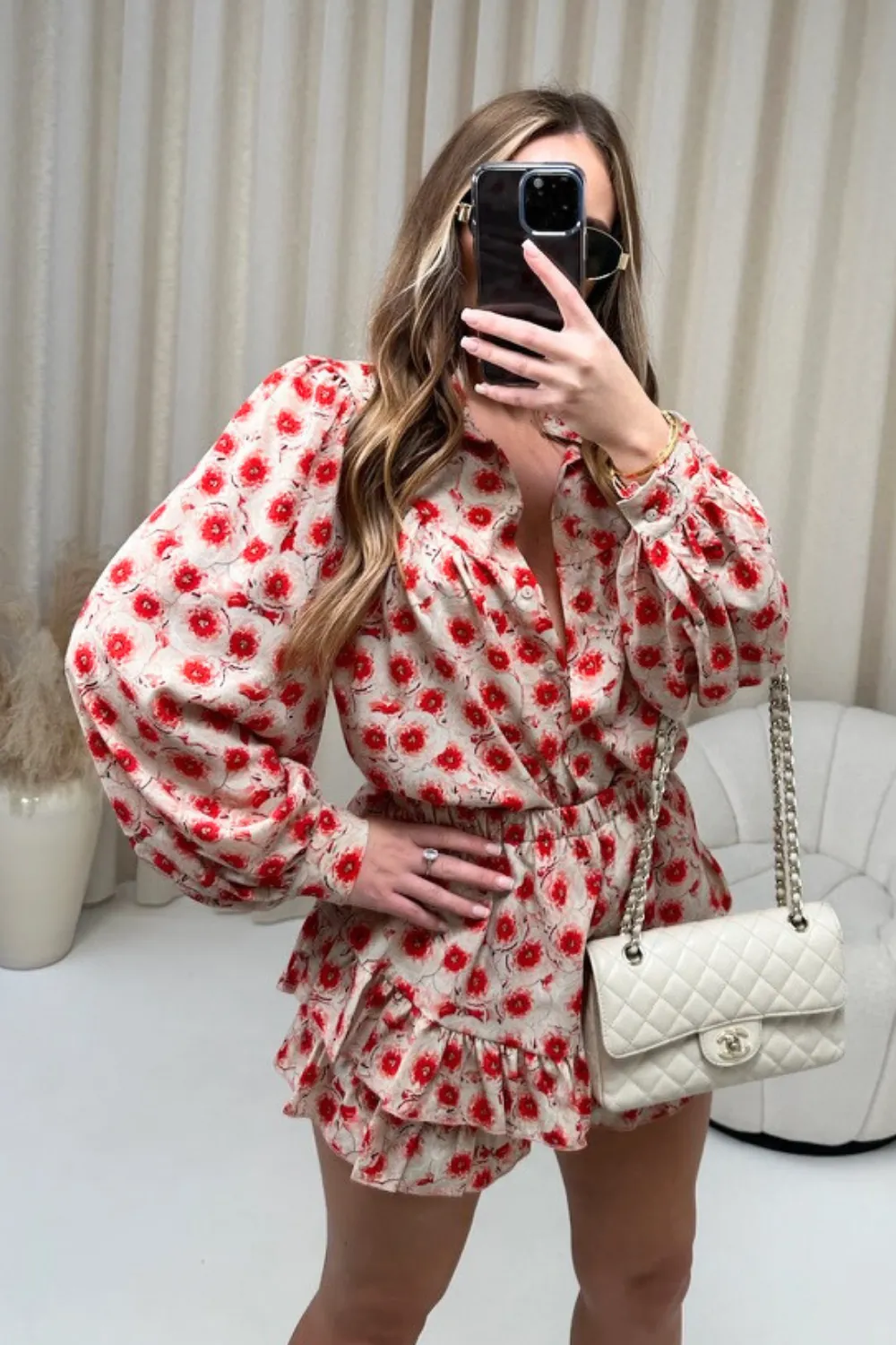 Hallie red and cream floral pattern blouse and skort co-ord