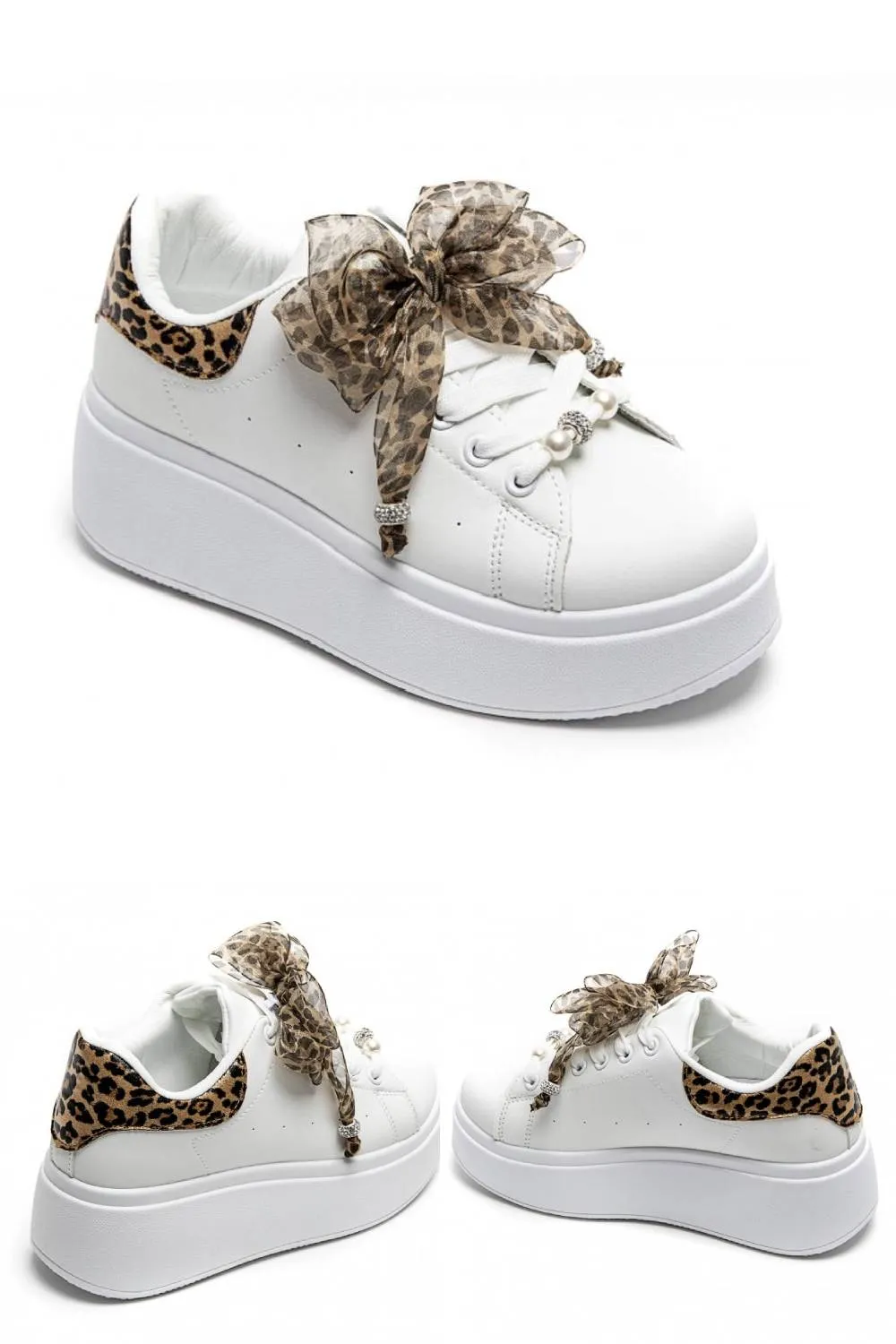 LEOPARD WHITE SATIN KNOT DETAIL LACE UP CHUNKY SNEAKERS TRAINERS