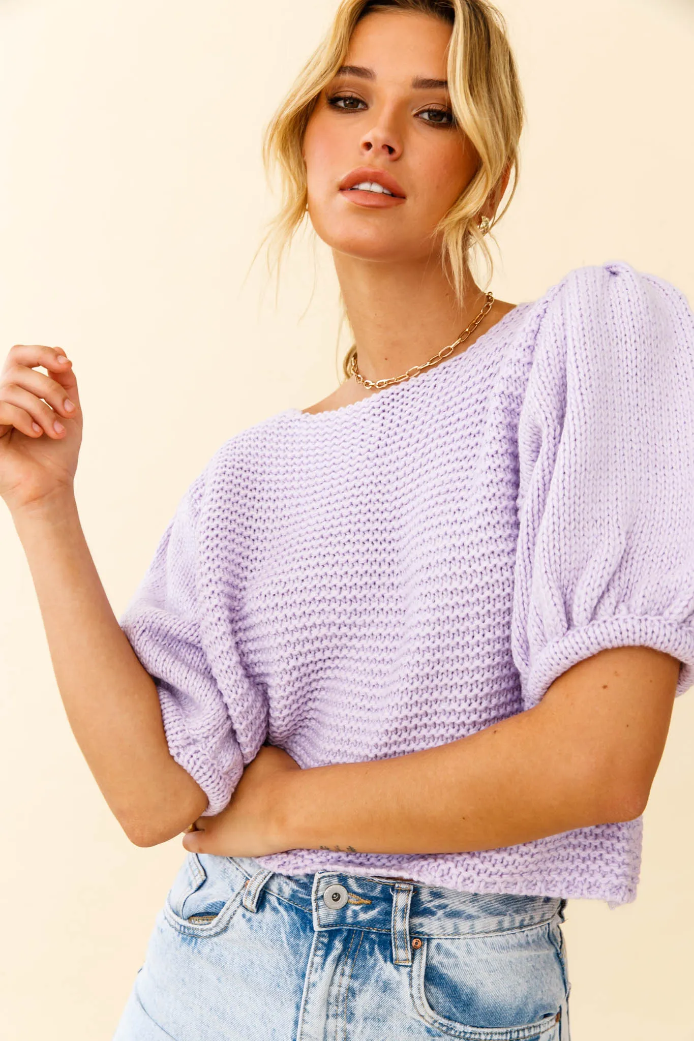 Marla Puff Sleeve Chunky Knit Top Lilac