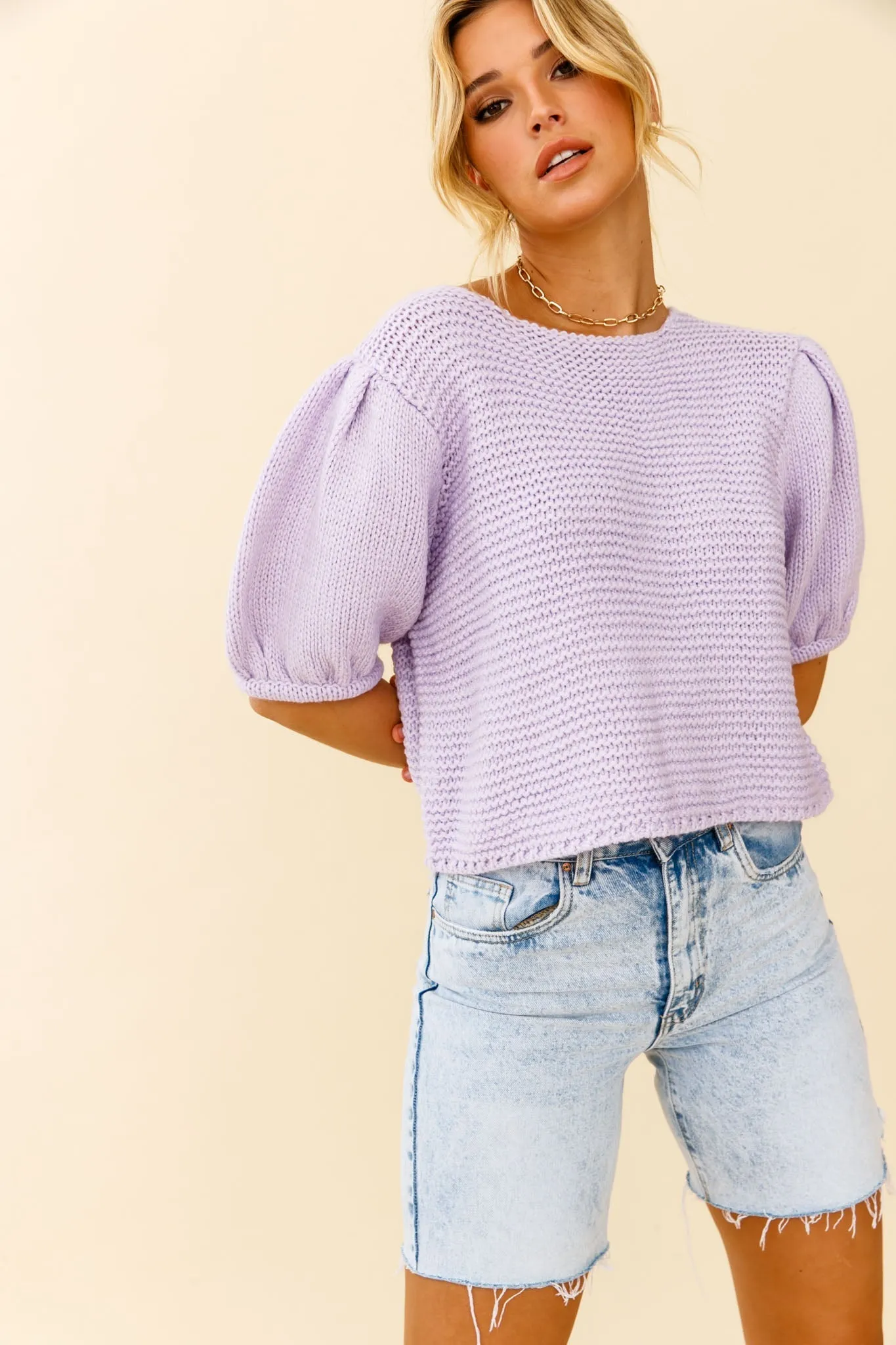 Marla Puff Sleeve Chunky Knit Top Lilac