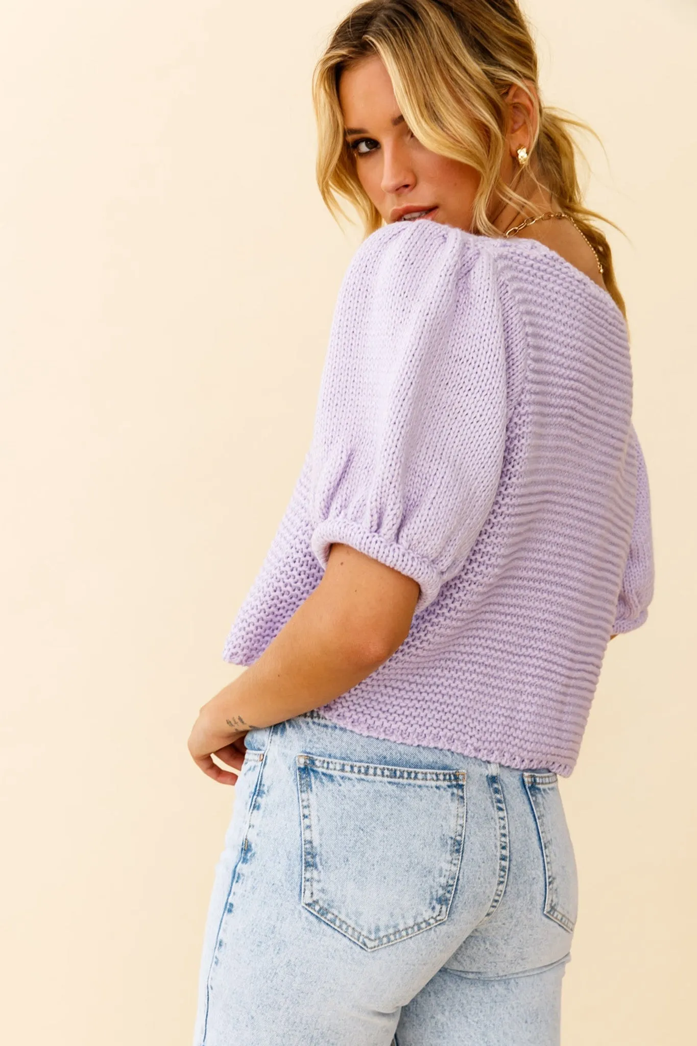 Marla Puff Sleeve Chunky Knit Top Lilac