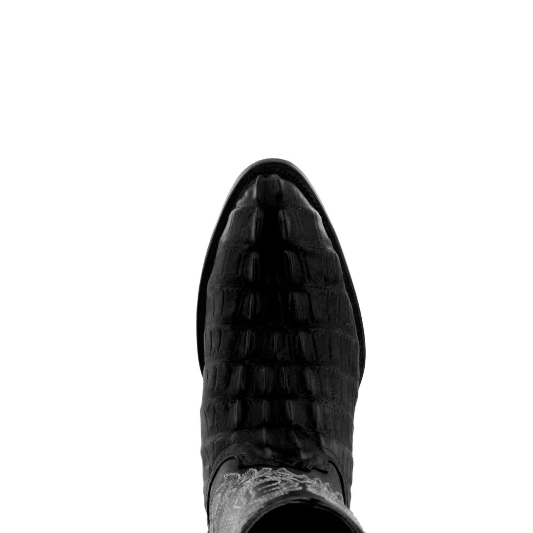 Mens Black Alligator Tail Print Leather Cowboy Boots Round Toe