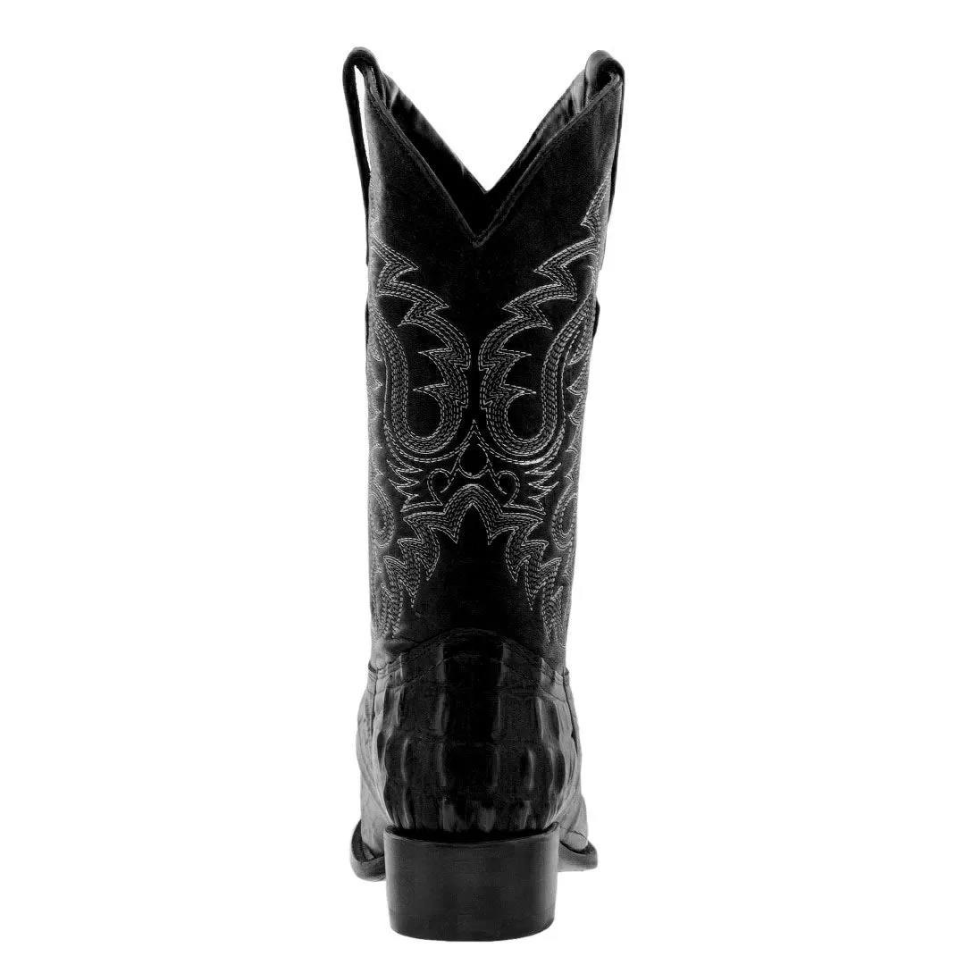 Mens Black Alligator Tail Print Leather Cowboy Boots Round Toe