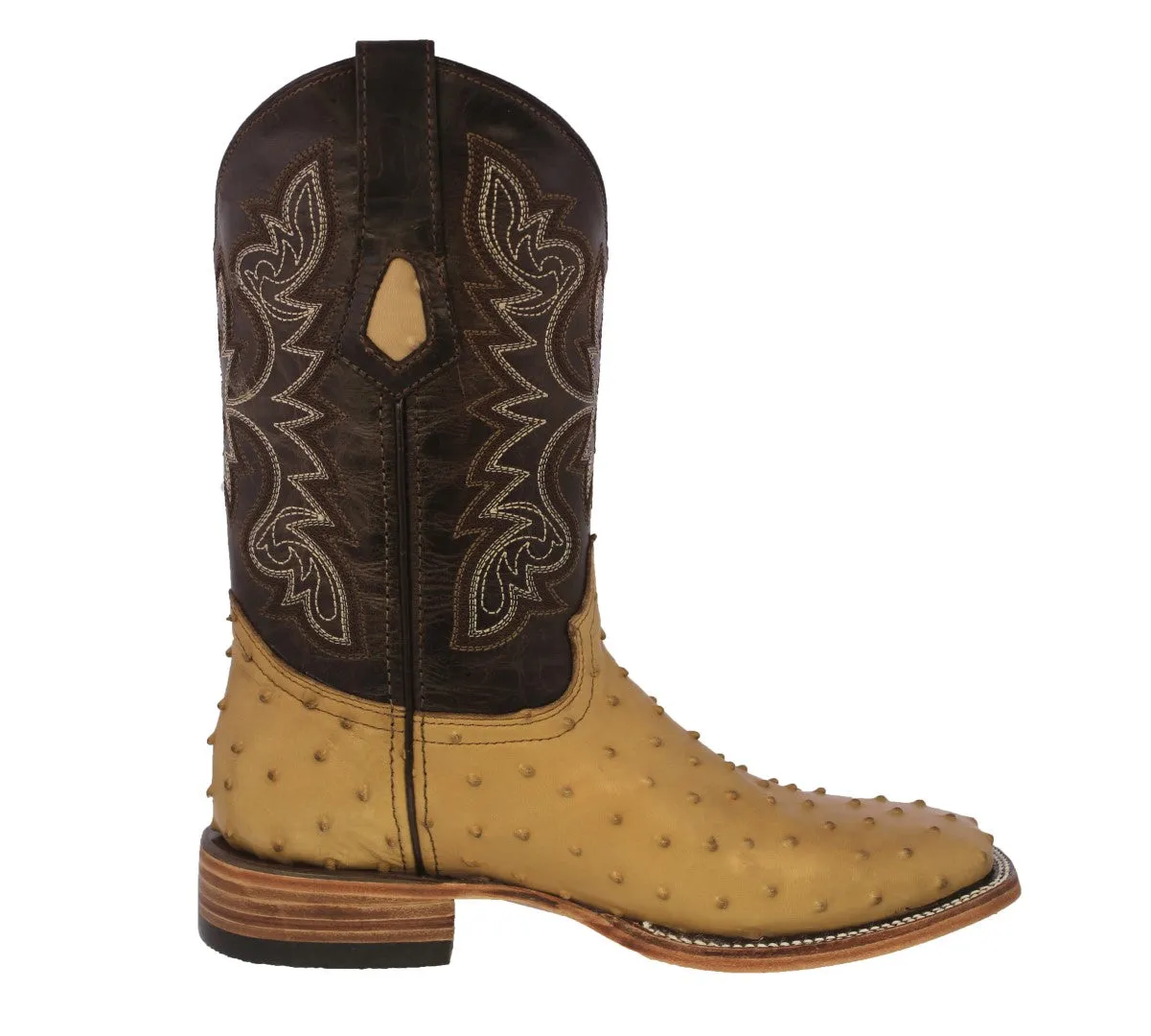 Mens Sand Cowboy Boots Ostrich Quill Print Leather - Square Toe