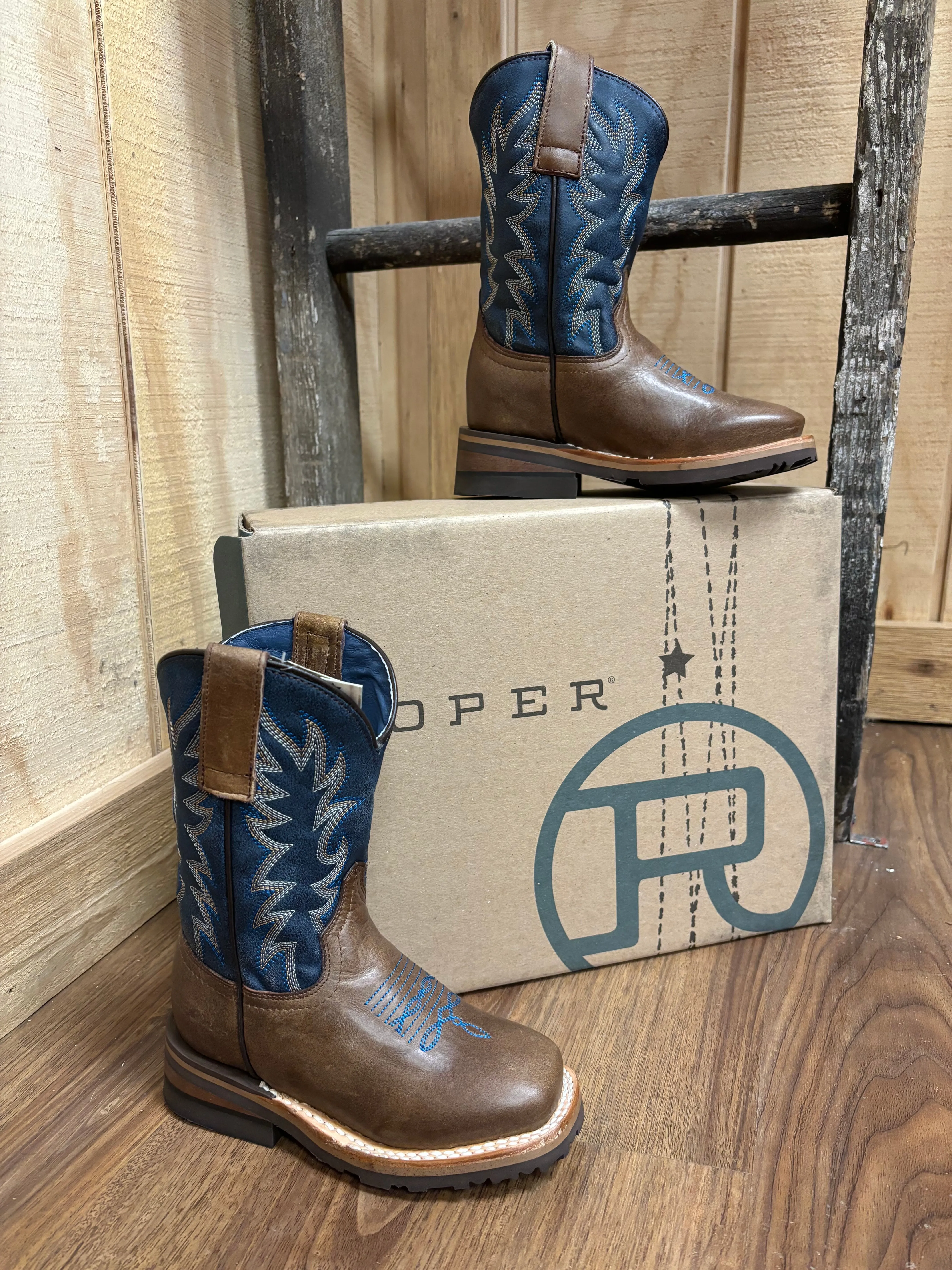 Roper Boy's Vintage Dark Blue & Brown Square Toe Cowboy Boots 9991-0401