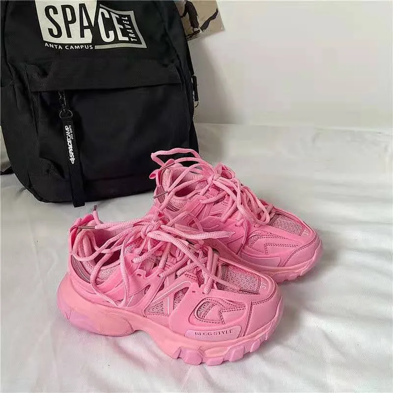 Stylish Brand Design Women Sneakers Cute Pink Chunky Shoes Ladies Breathable Mesh Trainers Women's Light White Sport Shoes