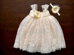 Vintage Cream Baptism Tulle Dress with Headband and Sash