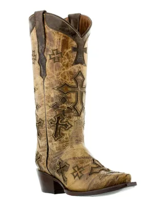 Women's Cruz Sand Cross Design Leather Cowgirl Boots - Snip Toe