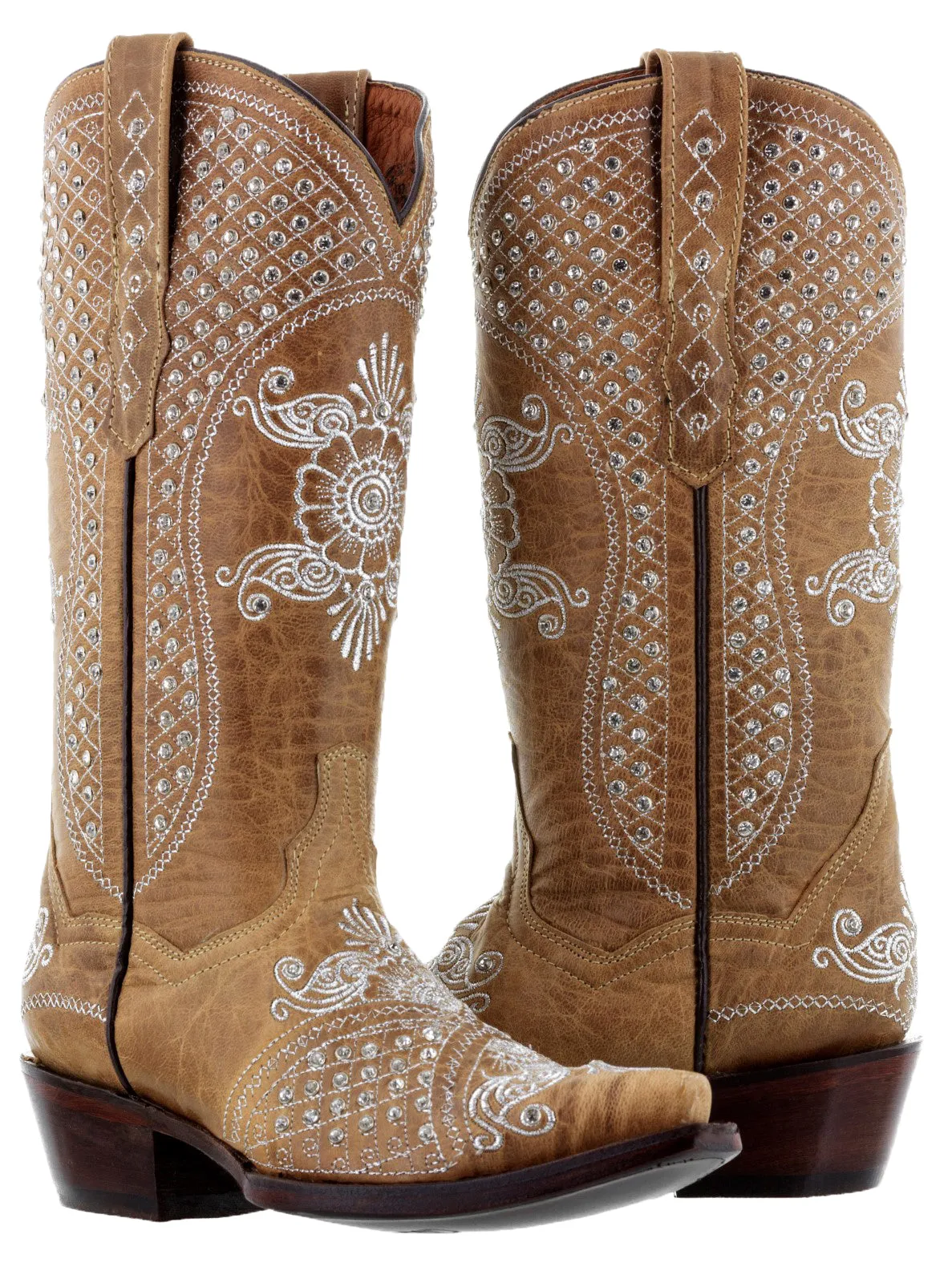 Womens Marfil Sand Wedding Cowboy Boots Rhinestones - Snip Toe