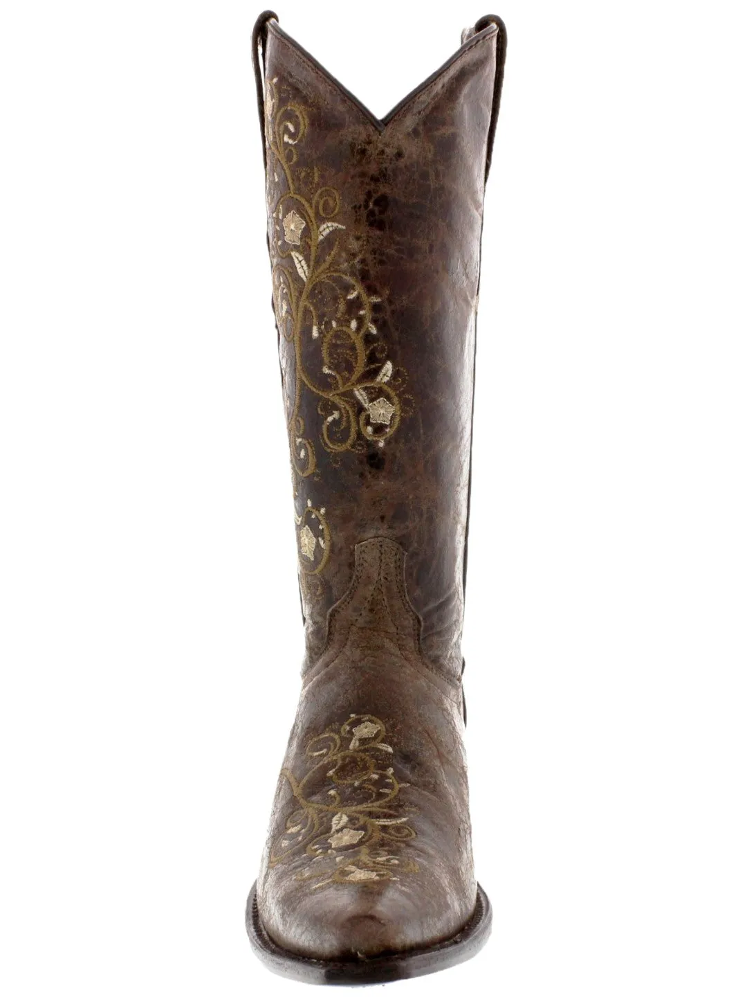 Womens Mesina Brown Leather Cowboy Boots Floral - Snip Toe