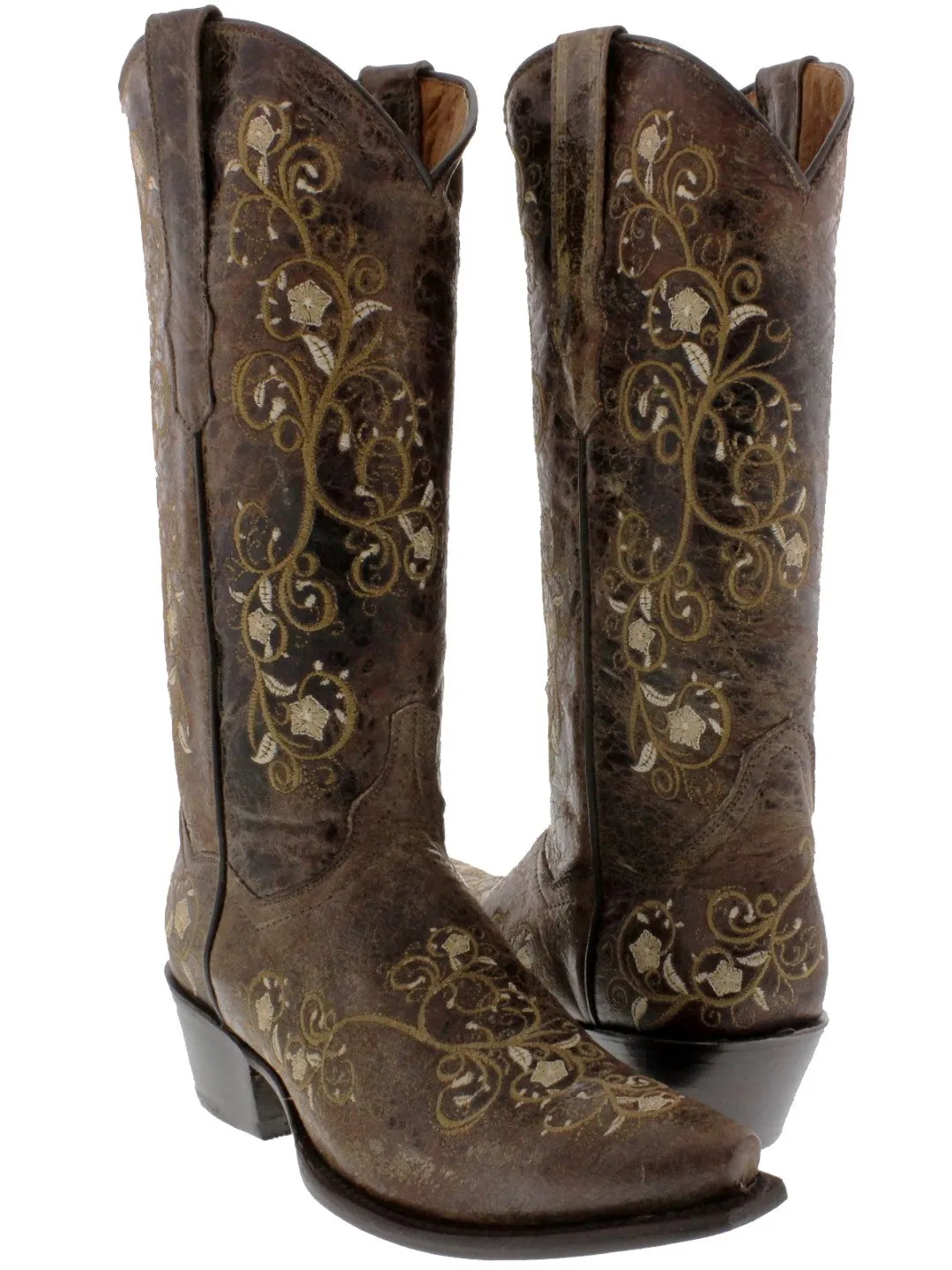 Womens Mesina Brown Leather Cowboy Boots Floral - Snip Toe