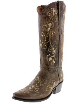 Womens Mesina Brown Leather Cowboy Boots Floral - Snip Toe