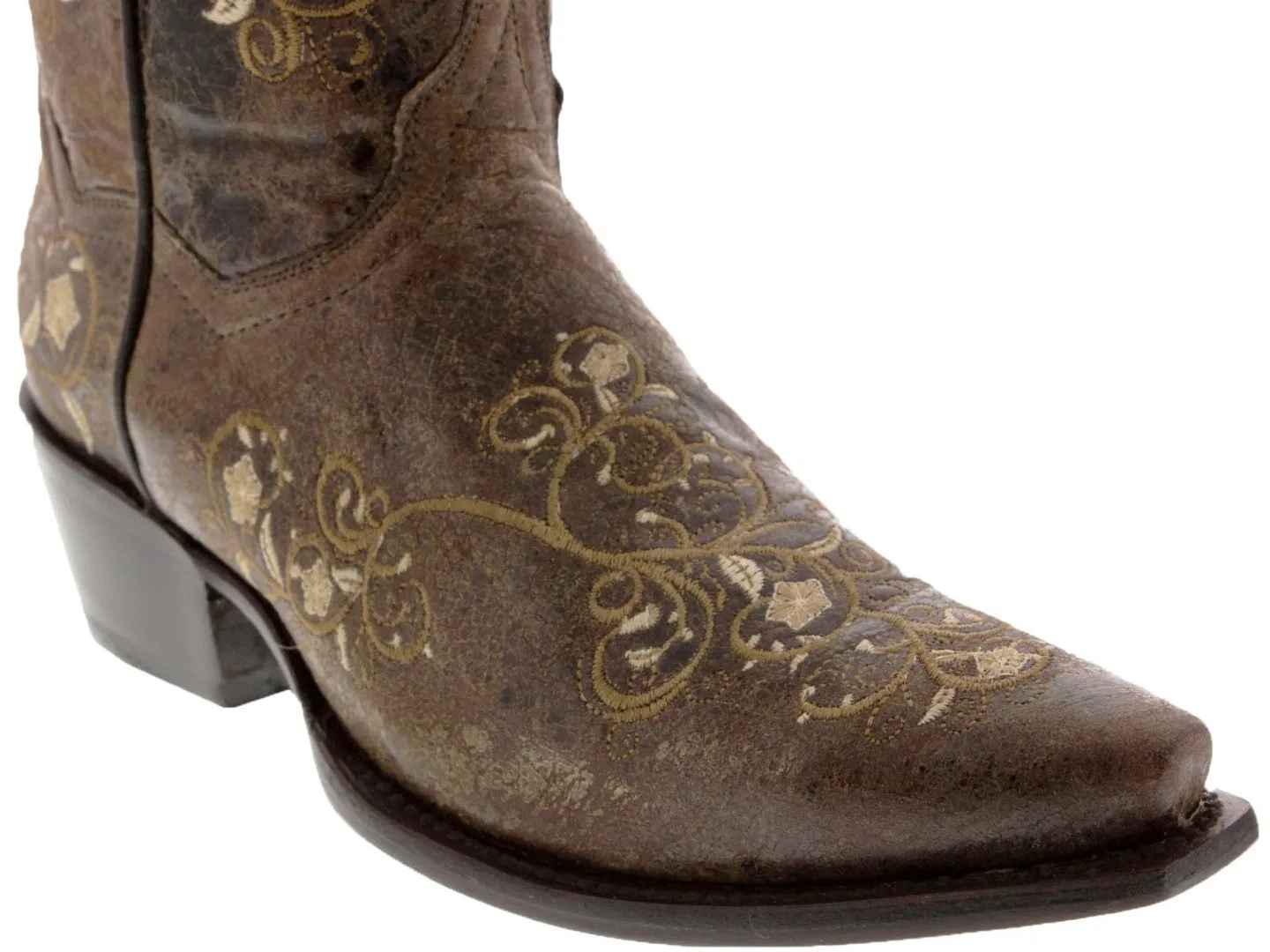 Womens Mesina Brown Leather Cowboy Boots Floral - Snip Toe